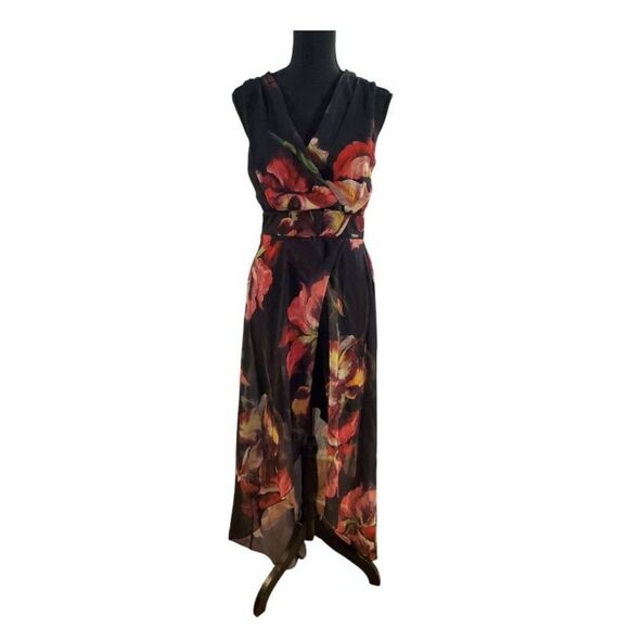Rinascimento Floral Side-Slit Maxi Dress Black Red Multicolor Women’s - Picture 1 of 16